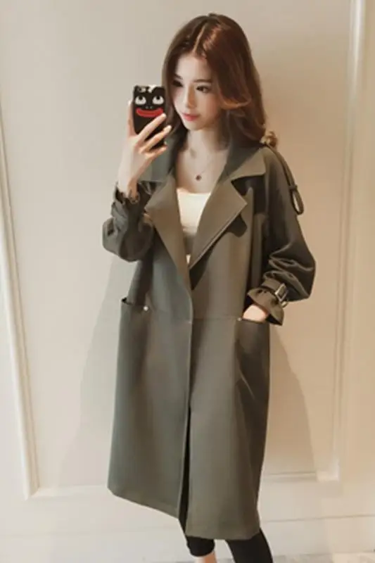 Плащ женский армейский зеленый свободный длинный весна-осень длинное пальто