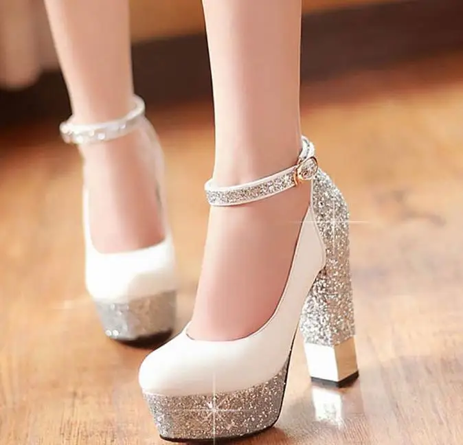 Белый Свадебная обувь Новинка На толстом каблуке свадебные туфли для подружки