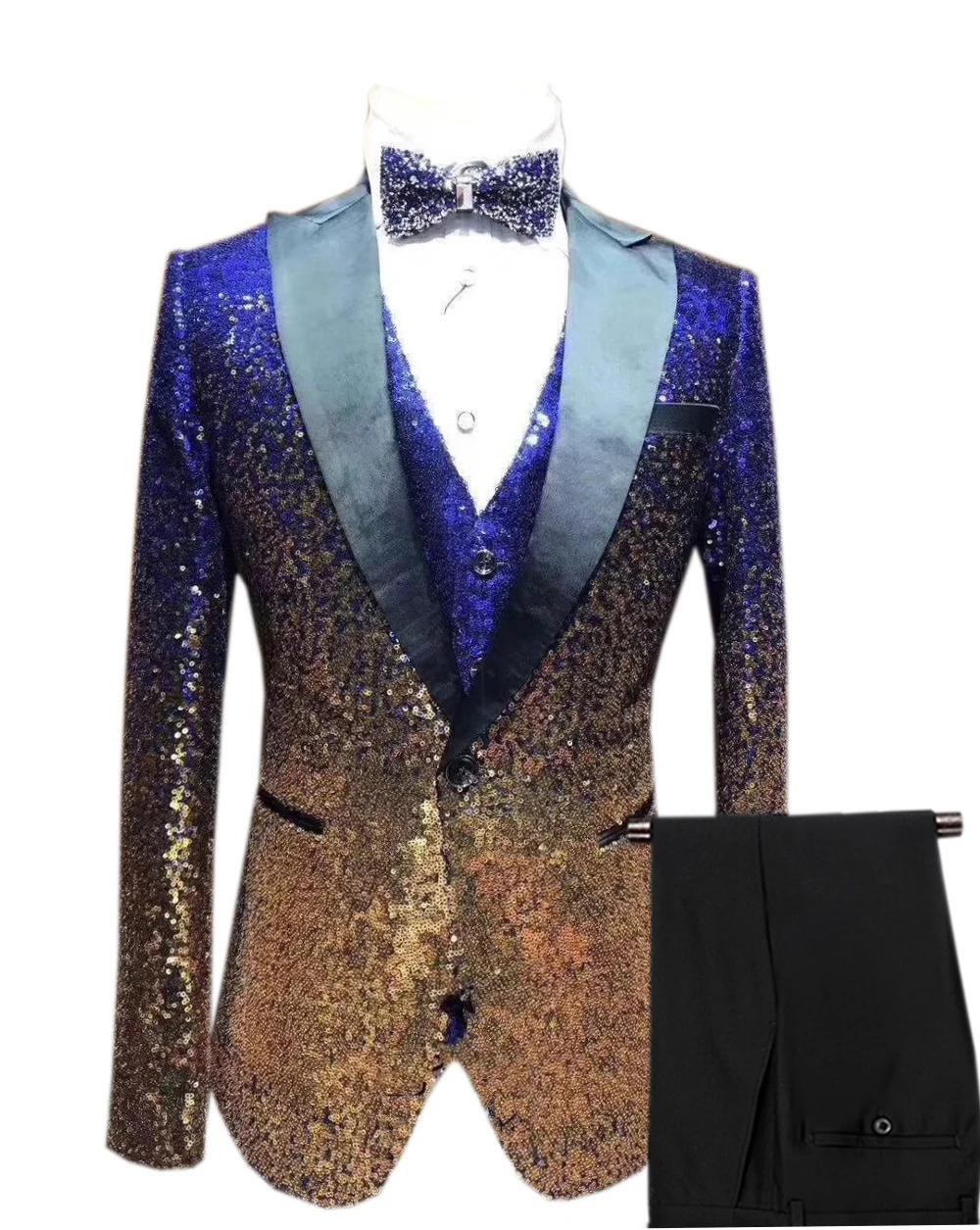 

Мужской блестящий костюм из 3 предметов, мужские смокинги с лацканами с вырезом, блейзер для свадьбы, жениха, бордовый, золотой, серебряный, К...