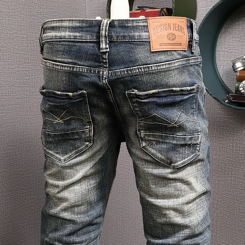 European Vintage Fashion Men Jeans High Quality Elastic Slim Ripped Jeans Men Retro Dark Blue Distressed Designer Casual Pants