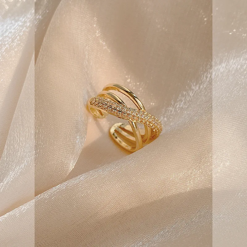 

Gothic Classic Zircon Multi-line Cross Gold Open Ring For Woman 2021 New Fashion Jewelry Wedding Party Gifts Girl's Unusual Ring