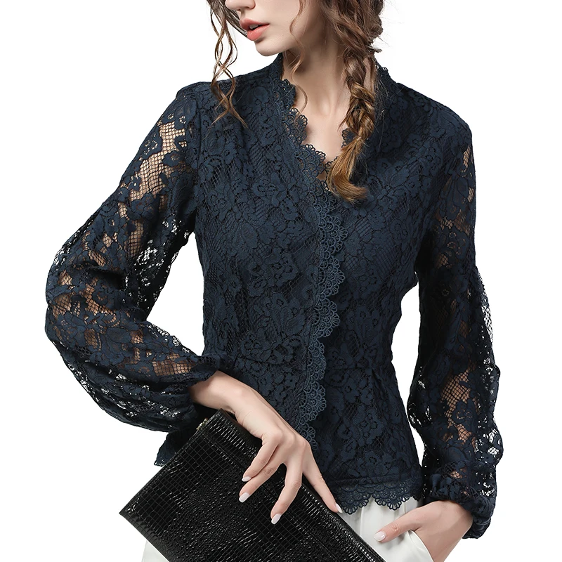 Women Lace Blouses Close-fitting Tops Long Sleeve V-Neck Hollow Out Hook Floral Solid Color Elegant Vintage Ladies Casual Shirts | Женская