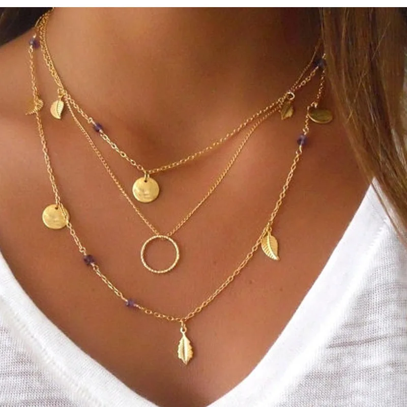 

2021 Silver Color Chain Leaves Circle Multilayer Pendant Necklace for Women Collier Femme Fashion Jewelry Gold Color Wholesale