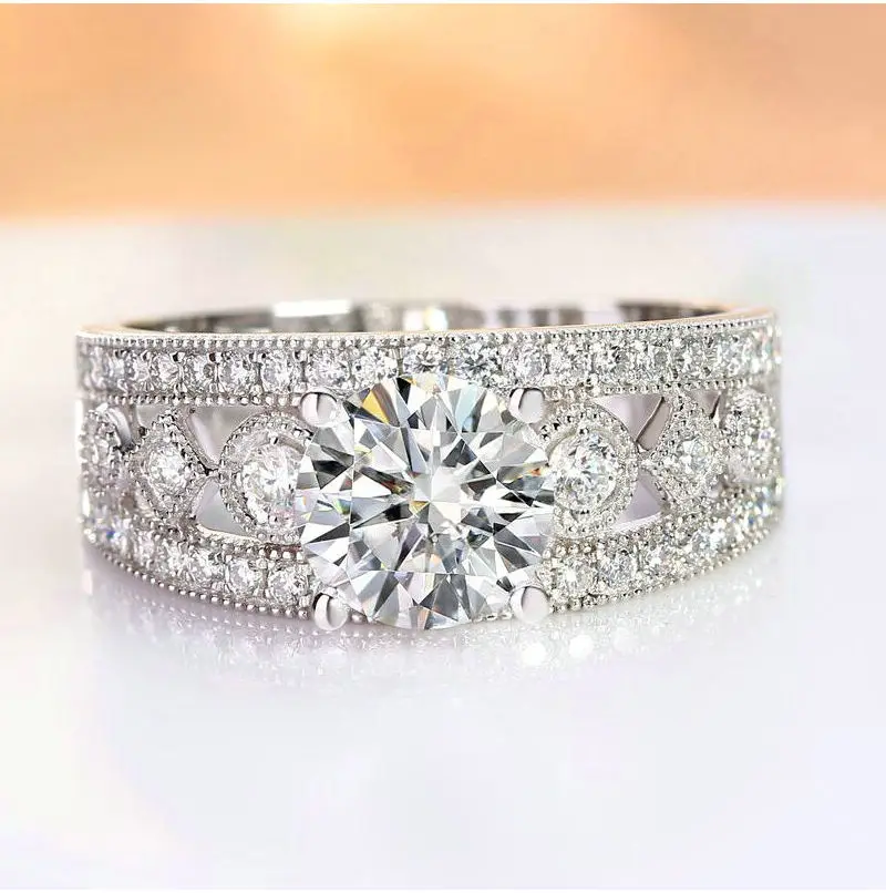 1 карат 18 К белое золото Муассанит бриллиантовое кольцо Круглый ромб 3 ряда