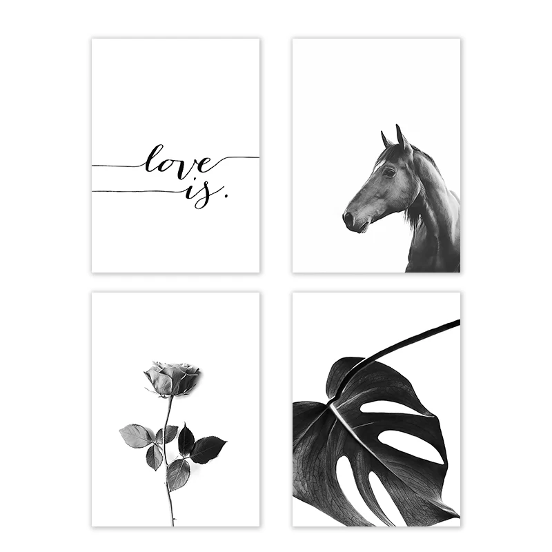 Настенная картина черно-белая лошадь цветок холст плакат печать в скандинавском