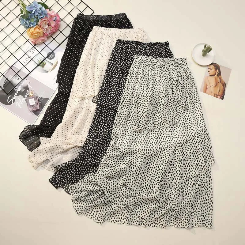 Vintage Irregular Polka Dot Cake Maxi Skirt Women 2021 Ruffles Elastic Waist Mid-length Chiffon Skirts Summer Beach Boho Skirts