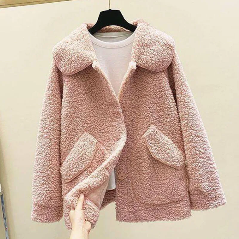 

Thick Imitation Lambswool Women Coat Autumn Winter New Korean Loose Casual Female Jacket Outerwear Button Plush Ladies