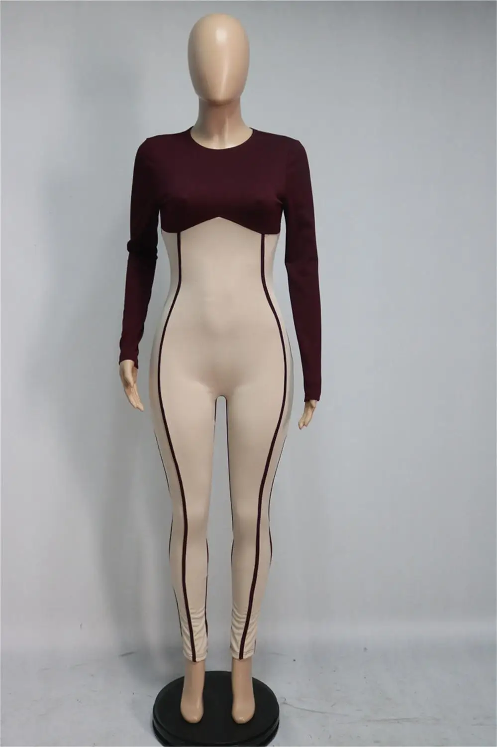 

Casual Sportwear Women Contrast Color Patchwork Jumpsuits Lady's O-neck Long Sleeve Skinny Elastic Rompers 2020 Autumn Winter