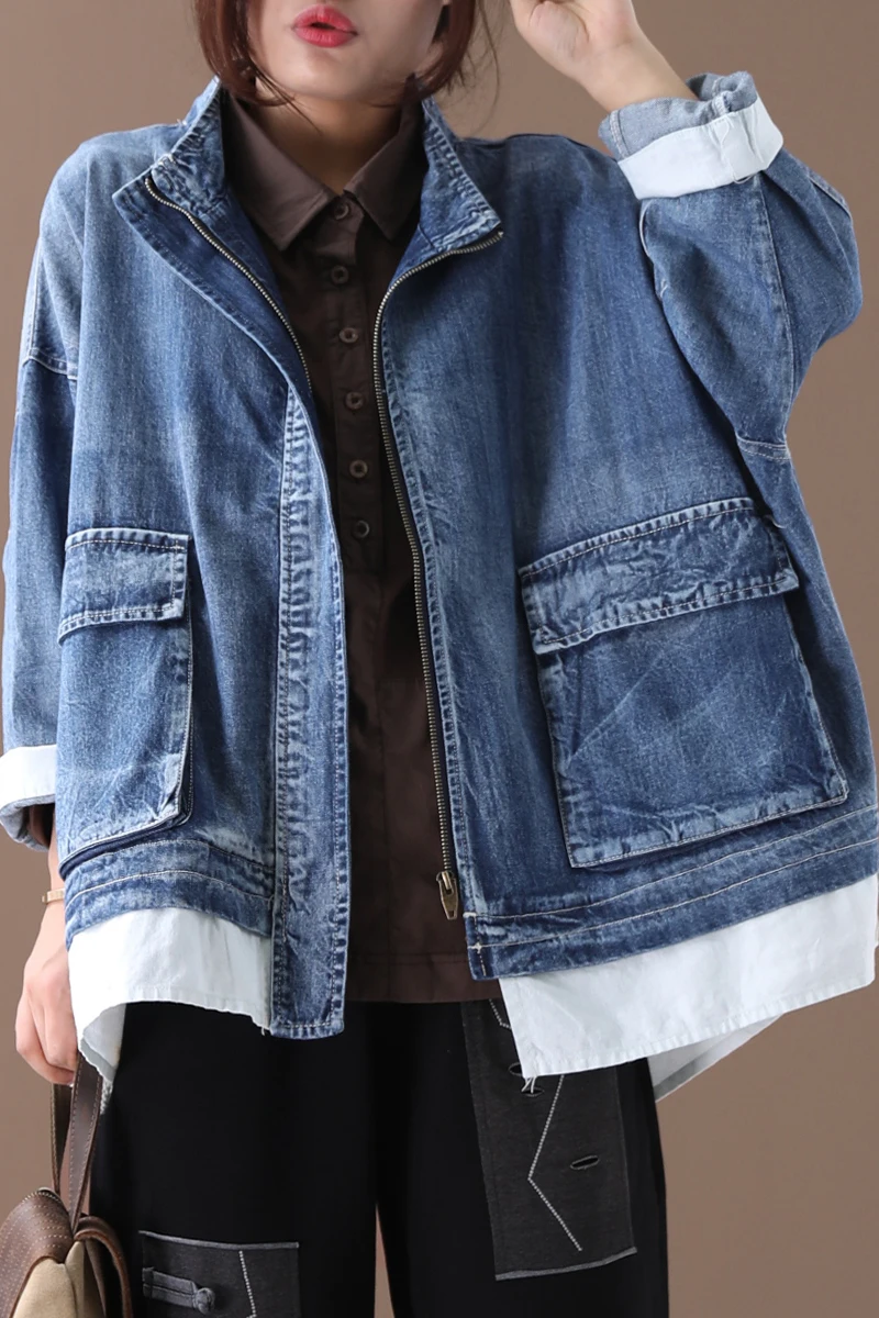 

[IEQJ] 2021 Spring Autumn New Stand Collar Long Sleeve Fake Two Piece Denim Patchowrk Single Breasted Vintage Coat Women AH051
