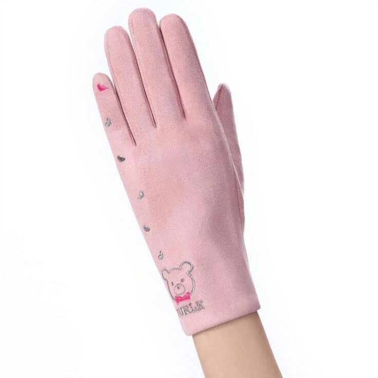 082C-pink Новые зимние теплые женские перчатки кружевные кашемировые милые варежки с медведем двойные толстые плюшевые митенки сенсорный экран для женщин перчатки для вождения - Цвет: 082C-pink