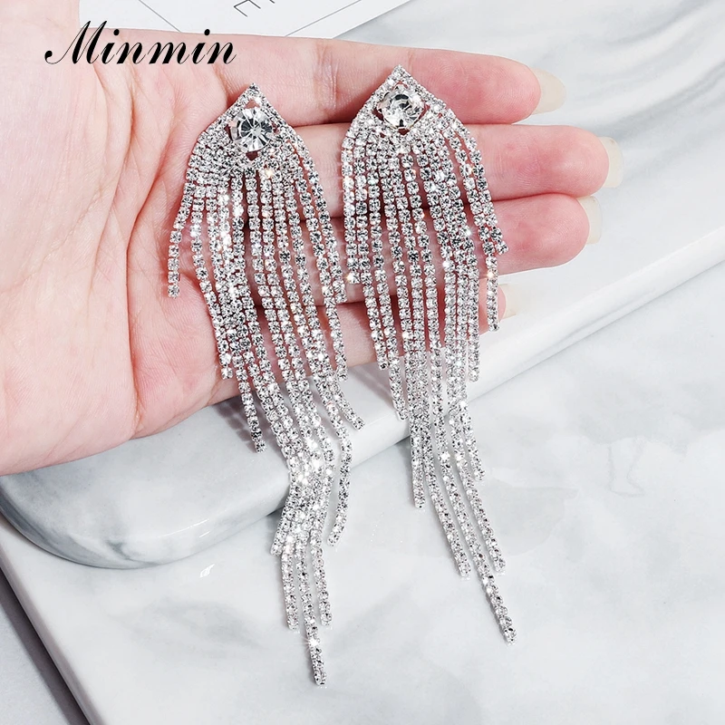 Minmin Rosegold сверкающая Длинная кисточка из горного хрусталя Свадебные висячие серьги Роскошные Крупные, свадебные серьги-подвески ювелирные изделия Модные женские аксессуары для костюмированной вечеринки женские MEH1647