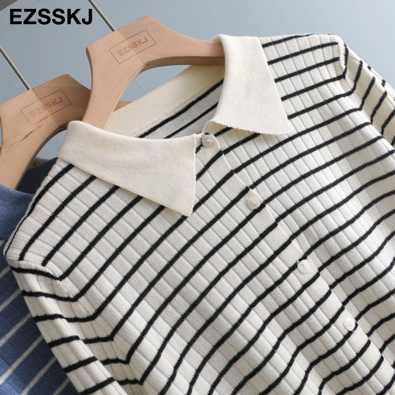 Осенне-весенний Полосатый Тонкий вязаный укороченный свитер пуловеры для женщин