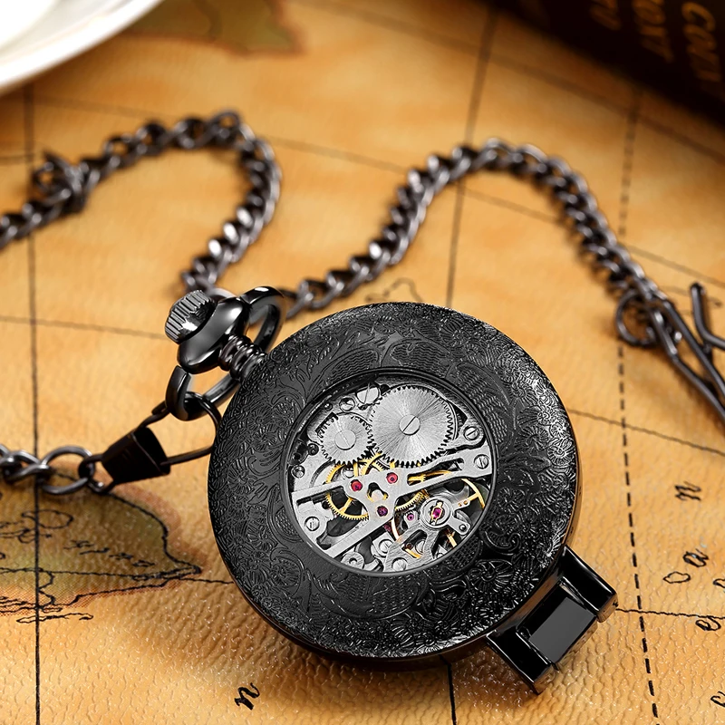 Golden Black Sliver Antique Hollow Automatic Mechanical Pocket Watch FOB Chain Hand Winding Full Steel Sculpture For Men Wome
