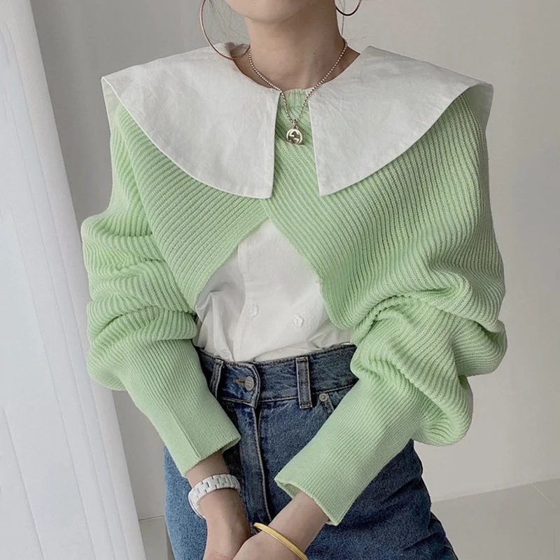 

Women French Chic Large Lapel Long-Sleeved Shirt+Front and Back Irregular Split Knit Sweater Two-Piece Suit New O-Neck Pullover