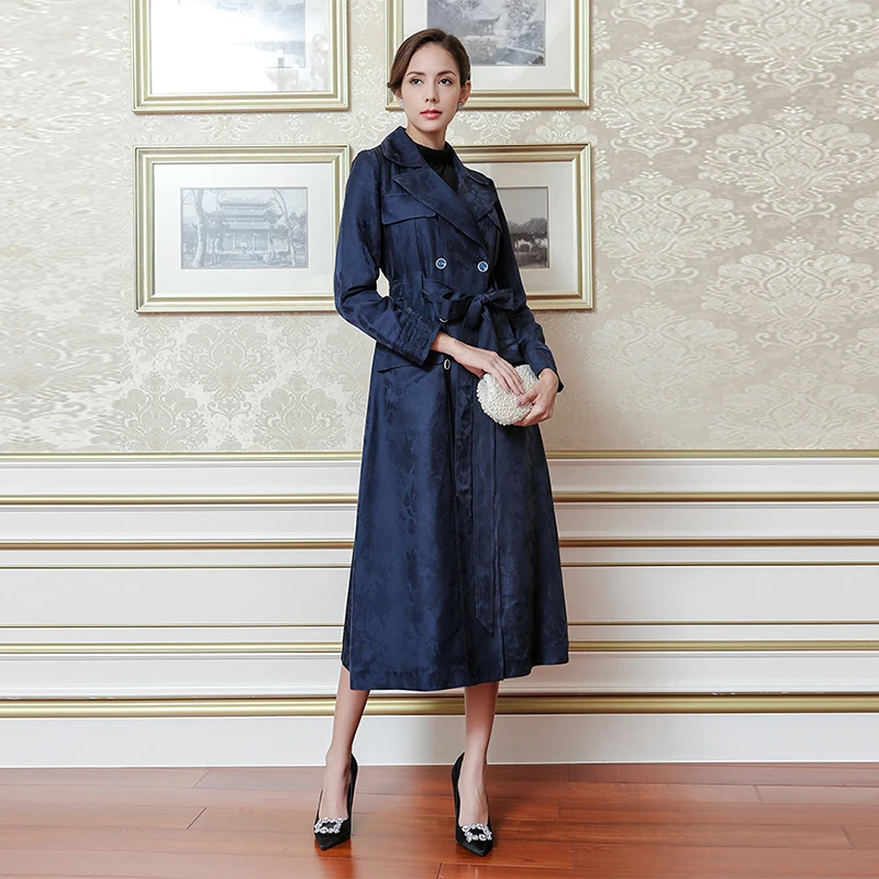 VOA/осенний однотонный синий двубортный жаккардовый длинный прямой Тренч с