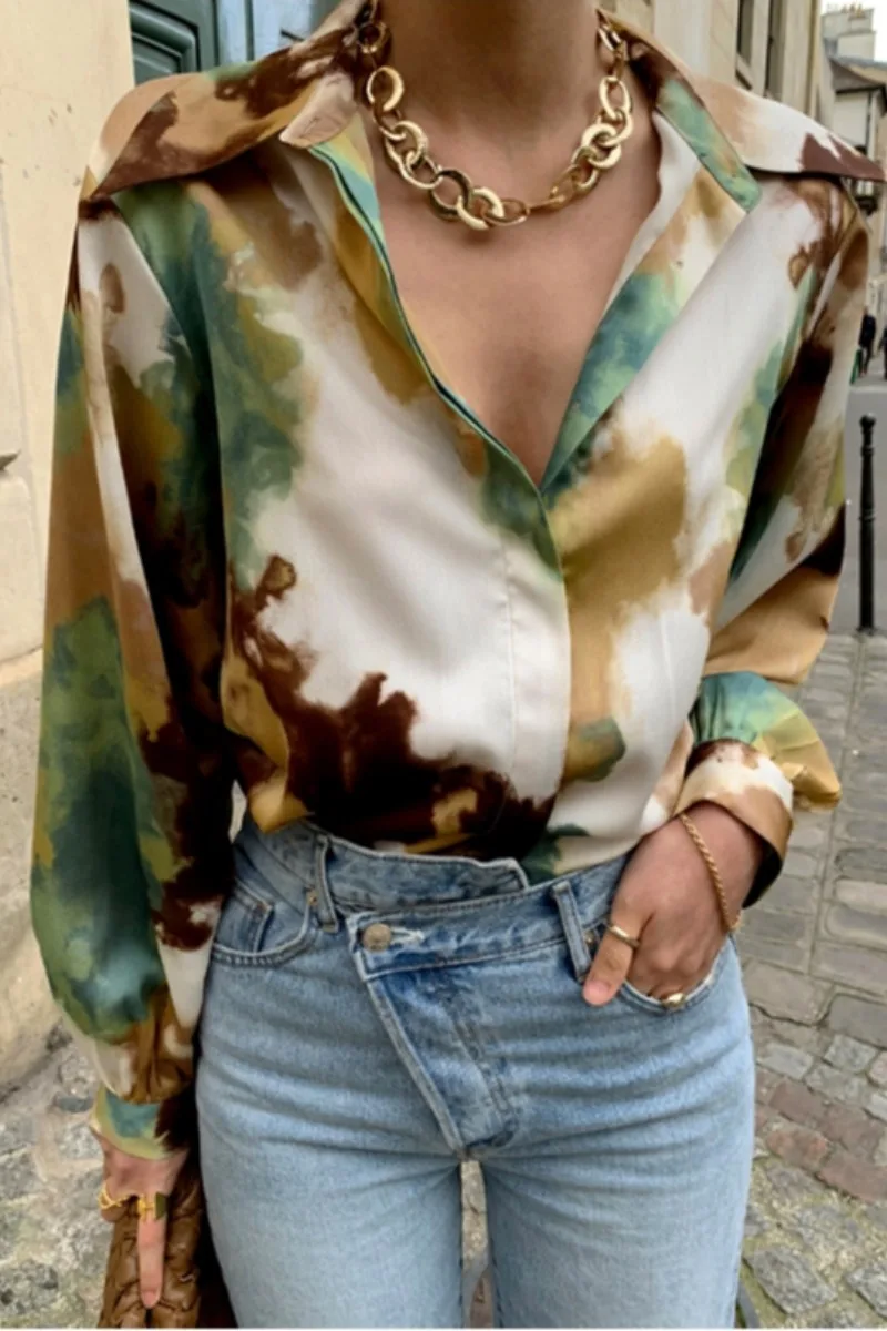 

Loose Casual Long-sleeved Shirt Top Korean Turn-down Collar Ink Printing Blusas Single-breasted Blouse Women Fashion
