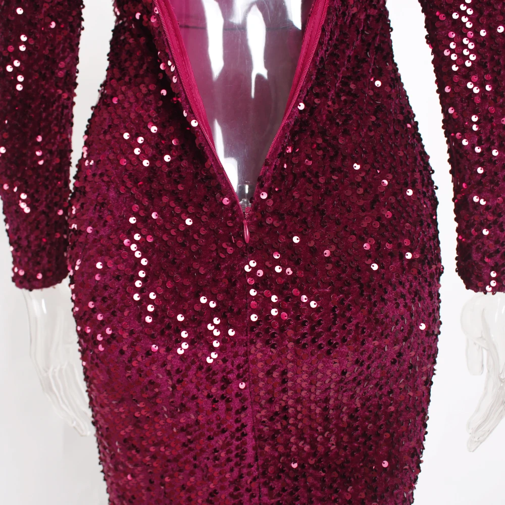 Бордовое платье с длинным рукавом пайетками бархатное длинное V-образным вырезом