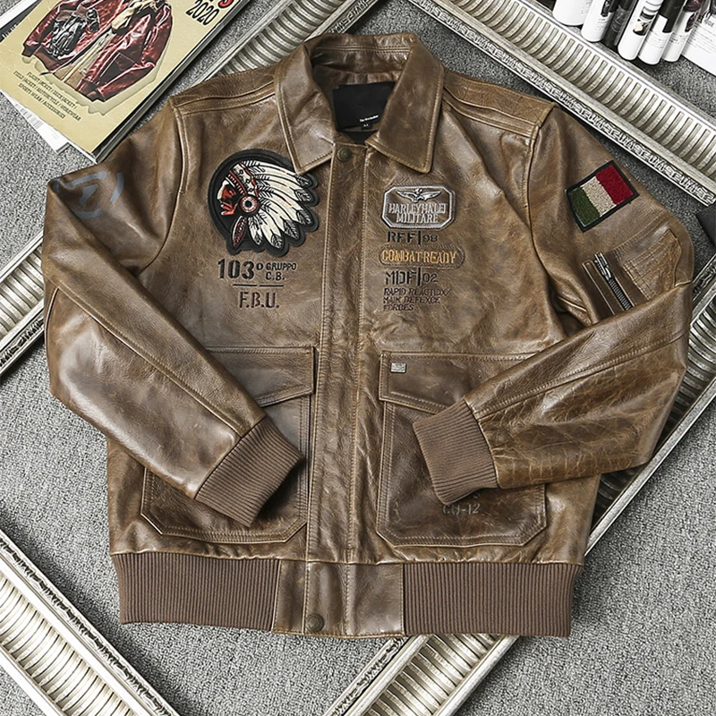 

New Indian Embroidery Bomber Natural Genuine Leather Coat Men's Cowhide Leather Motorcycle Jackets Slim Brown Fashion Clothing