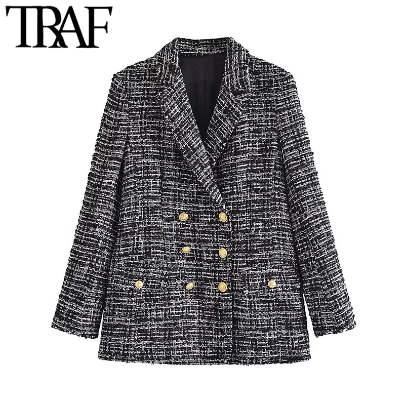 

TRAF Women Fashion Tweed Double Breasted Blazer Coat Vintage Long Sleeve Flap Pockets Female Outerwear Chic Veste Femme