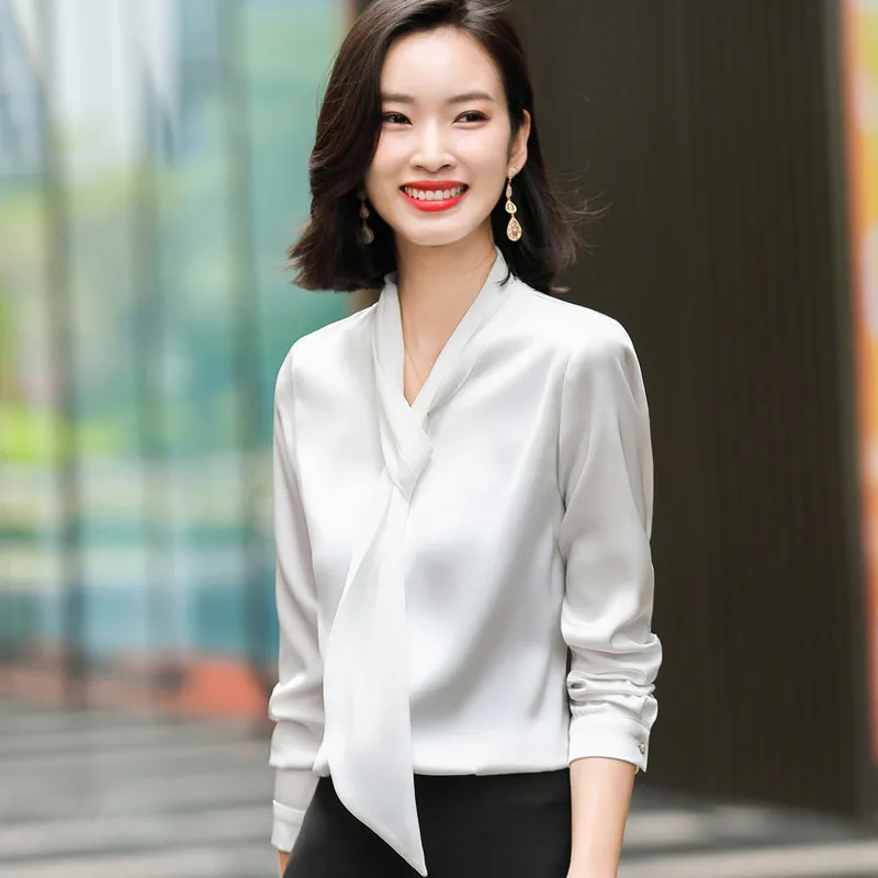 

2020 Apring Autumn Women Design Temperament Fashion Long Sleeve V Neck Streamer Chiffon Blouses Office Ladies Casual Work Tops