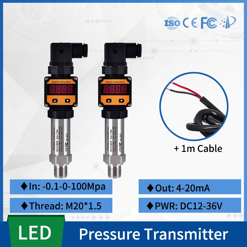 

LED -0.1-0-100Mpa Pressure Measurment 4-20ma Output Water Tank Oil Gas Pressure Transmitter M20*1.5 Connector With 1m Cable