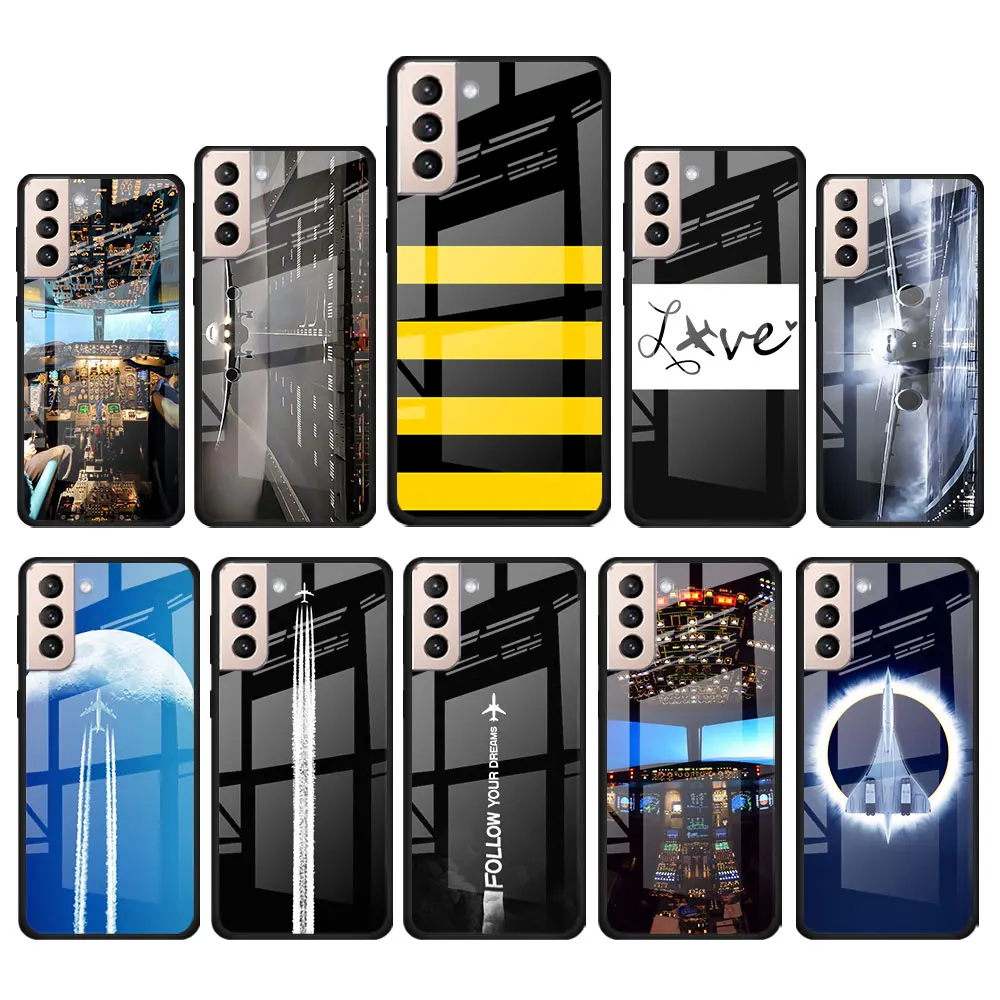 

Airplane Pilot fly for Samsung Galaxy S21 Ultra Plus A72 A52 4G 5G M51 M31 M21 Luxury Tempered Glass Phone Case Cover