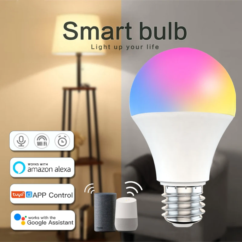 

Wi-Fi, умный светильник лампочка E27 Светодиодная лампа RGB + белый + теплый белый свет работы с Alexa/Google Home затемнения таймер Функция цветная (RGB) Св...