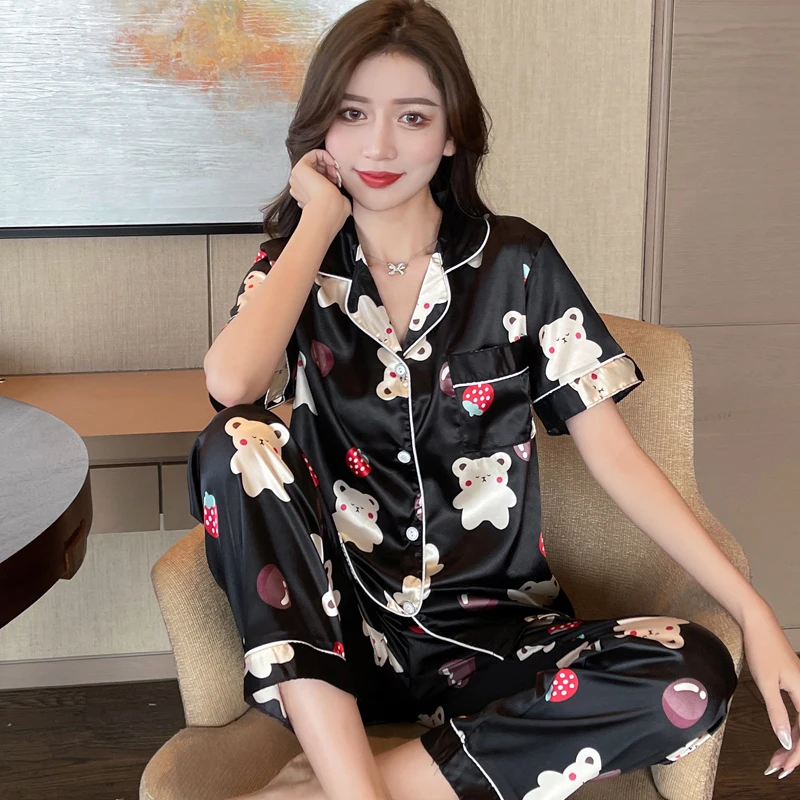 

2021 New Summer Women Silk Pajama Sets Satin Pyjama Sleepwear Short Sleeve Large Size Fashion Pajamas for Girl Nightwear PJS