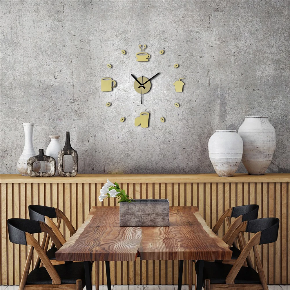 3D DIY Wall Clock Number Coffee Cup Acrylic Self-adhensive Quartz Digital Clocks Non-ticking Kitchen Home Decor | Дом и сад