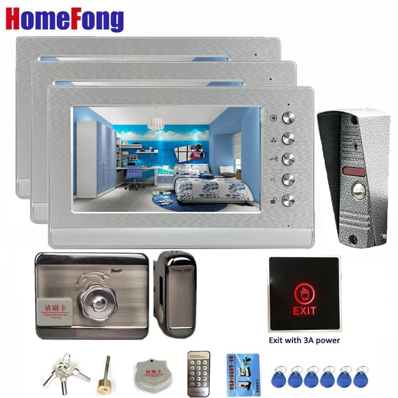 

Homefong Video Intercom with Electric Lock for Home 3 Monitors 800TVL Doorbell Camera Wired System Unlock Rainproof Night Vision