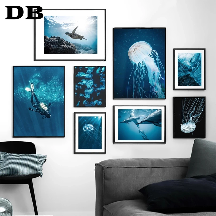 Дельфин медуза черепаха океан погружение на стену искусство холсте постеры и
