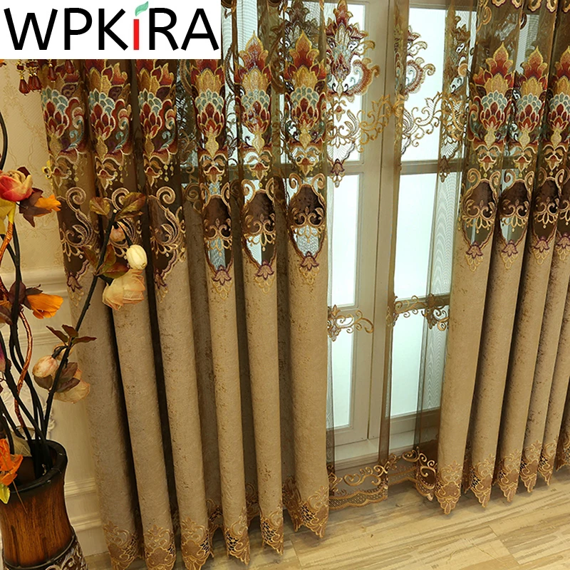 Роскошные полузатемняющие шторы из синели в европейском стиле кофейного цвета