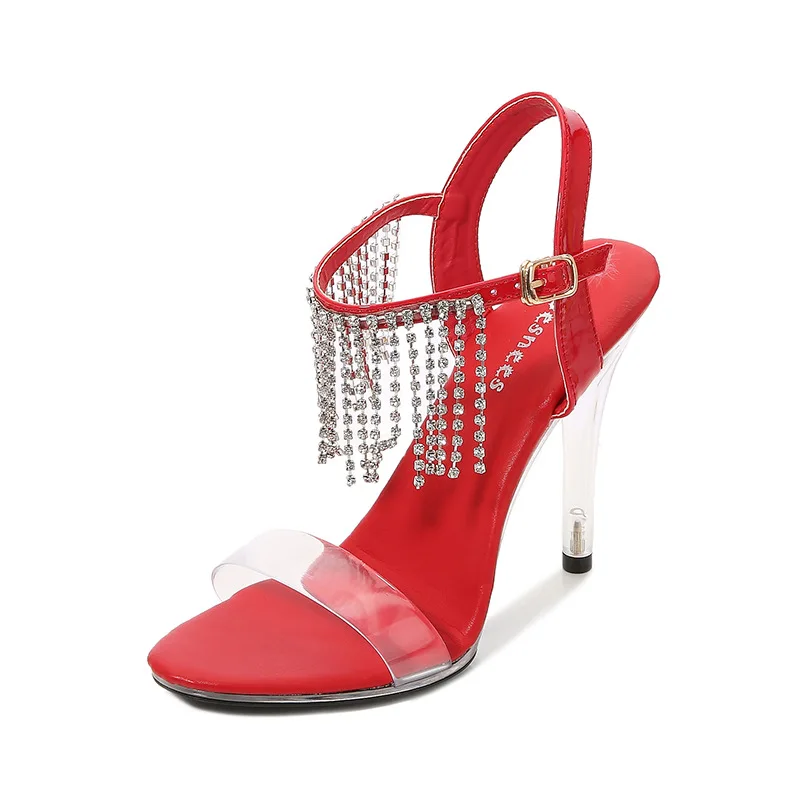

Mclubgirl женские сандалии из ПВХ с открытым носком туфли на высоком тонком каблучке на застежке Стразы туфли на высоком каблуке Женская обувь с...
