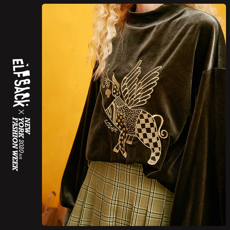 ELFSACK водолазка с принтом зеленой свинки Повседневная бархатная толстовка