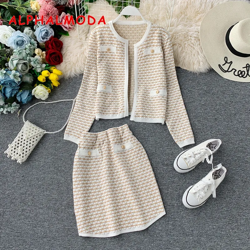 ALPHALMODA 2019 осень OL модный вязаный кардиган + мини юбка 2 шт костюм женский