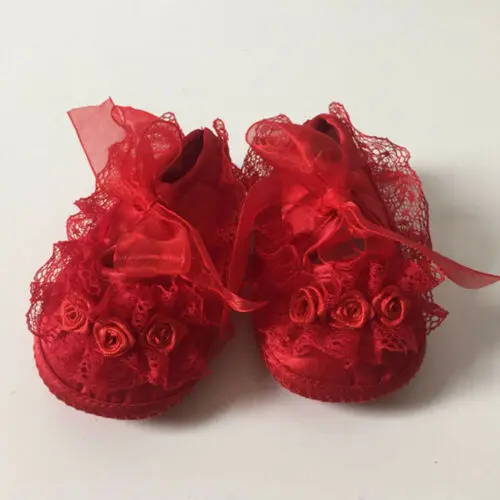 

Newborn Infant Baby Girl Soft Crib Sole Lace Floral Riband Non-slip Ballet Shoes