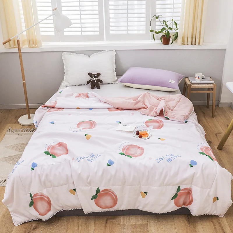 

Washable Air Conditioner Quilt Japanese Style Peach Lace Decoration Washed Cotton Summer Quilt Single Double Quilt Home Bedding
