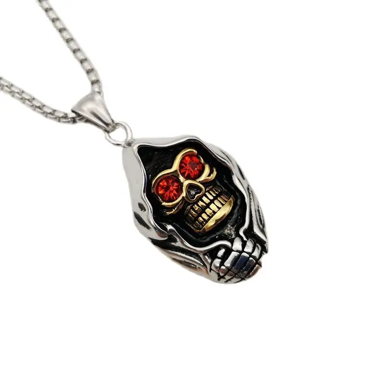 

arrival 2 tone stainless steel cloaked skull pendant necklace mens Gothetic red cz stones skull necklace BLKN0729