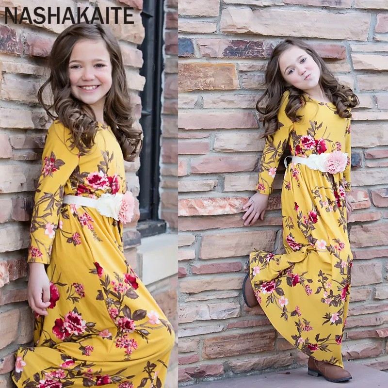 NASHAKAITE платья для мамы и дочки осень зима желтый цветочный принт три четверти длинное платье мама дочь семья лук