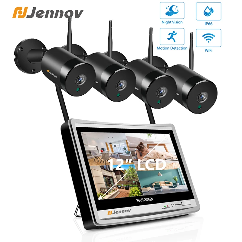 

Jennov 4CH Wireless NVR Kit Full HD 12"LCD Monitor Security 2MP 1080P WIFI Camera System Kit CCTV Video Surveillance Set Outdoor