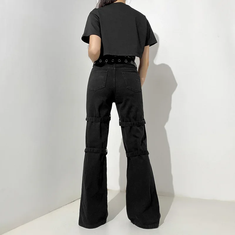 WJJDFC Ladies Black Trendy Big Pocket Jeans Metal Belt Buckle Printed Loose Straight Pants Fashion Retro Denim Draping Pants
