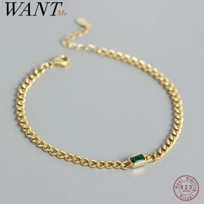 

WANTME 925 Sterling Silver Simple French Link Chain Green Zircon Gothic Charm Bracelet Women Plated 18k Gold Jewelry Beach Gift