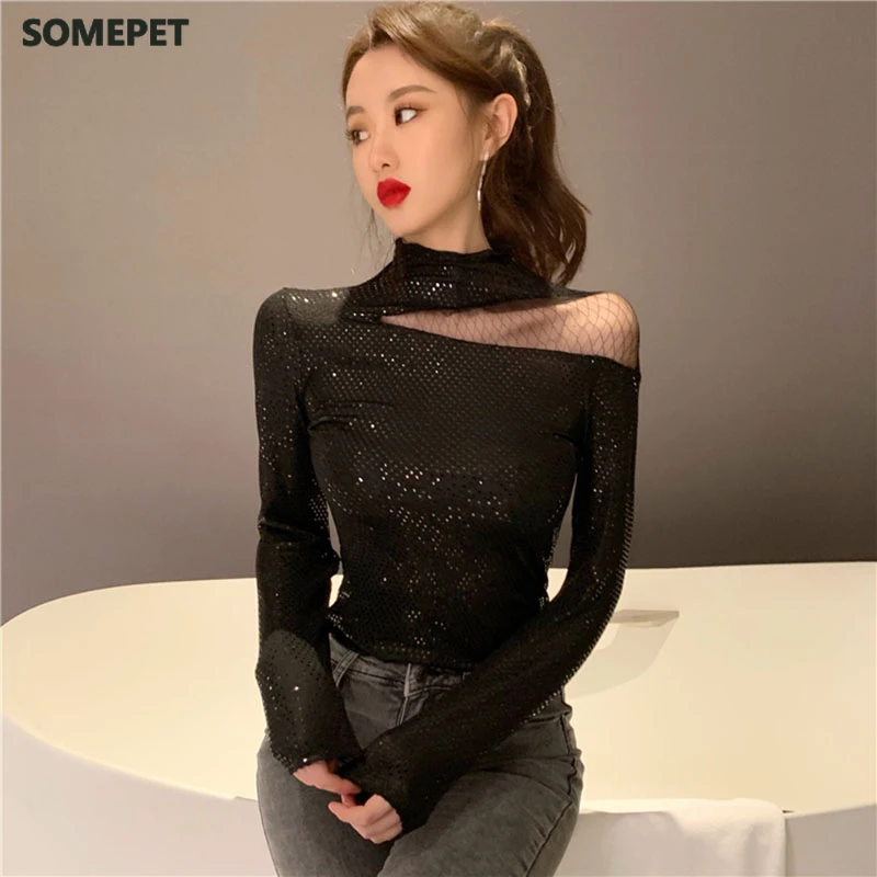 Сетчатые футболки с вырезами и открытыми плечами женские Сексуальные облегающие