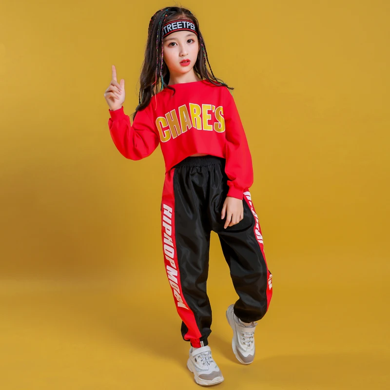 

Girls Hip Hop Sweatshirt 2 Pcs Set Crop Top Kids Children Streetwear Sport Jogger Pant Outfits Teenage Jazz Street Dance Clothes