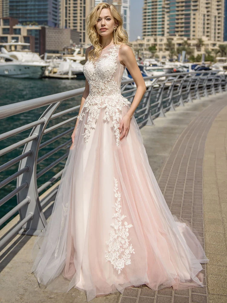 LORIE Elegant Lace Wedding Dresses A-line Light Pink Beach Bridal Gown O-Neck Sleeveless Boho Marriage Plus Size Sweep Train New | Свадьбы и