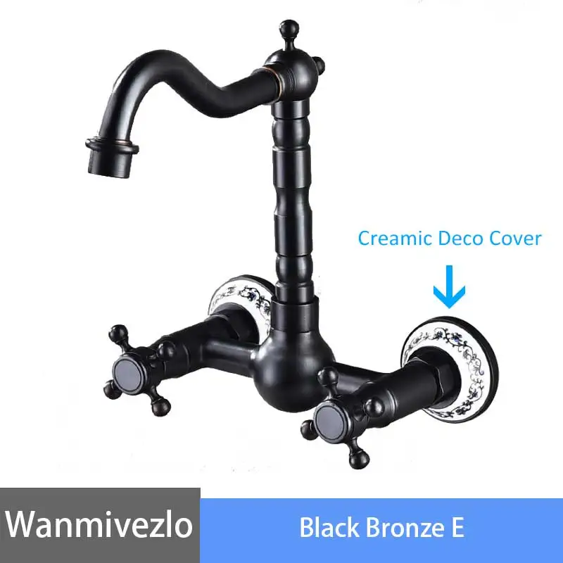Black Bronze E Черный бронзовый кран для ванной комнаты, настенный кран для раковины, кран с двойной ручкой и вращением на 360 градусов, кран для холодной и горячей воды, Смеситель torneira - Цвет: Black Bronze E
