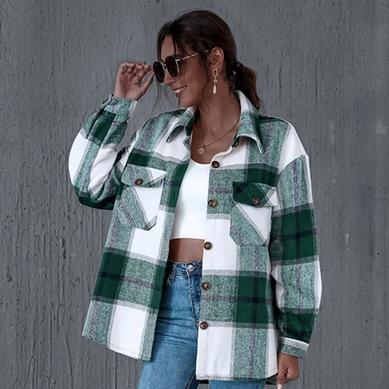 

Women's Retro Loose Casual Plaid Cardigan Thicken Plaid Shirt Jacket Green
