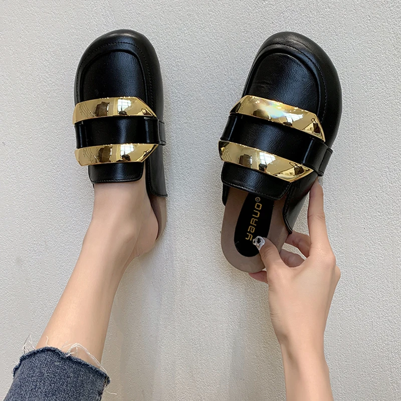 

Shoes Women Rivet Slippers Casual Low Lady Platform Cover Toe Loafers Slides Soft Luxury Girl Flat Metal Decoration PU Leisure