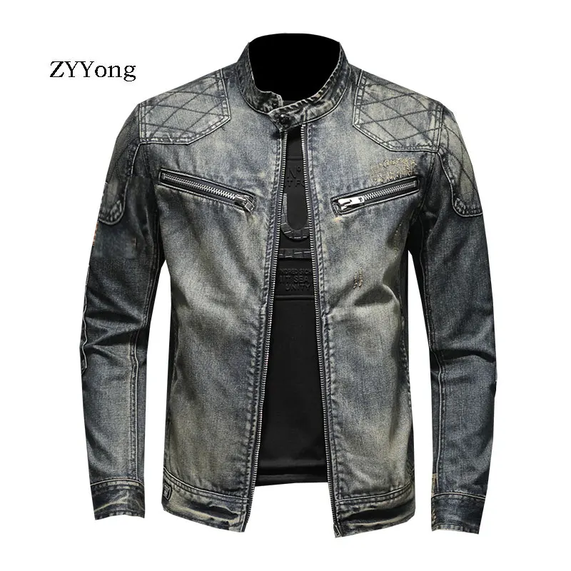 European Style Stand Collar Bomber Pilot Blue Denim Jacket Men Jeans Coat Motorcycle Fashion Casual Outwear Clothing Overcoat