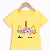 harajuku kawaii floral unicorn print cartoon t shirt lovely baby girls clothes summer yellow t shirt casual t shirts for teens